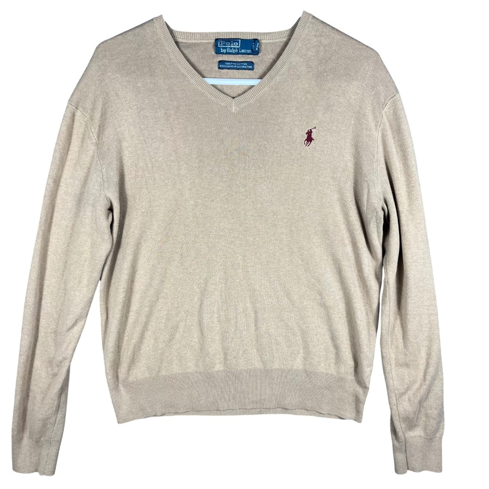 VTG Polo Ralph Lauren V-Neck Sweater Mens S Tan Beige 100% Pima Cotton Pony Logo